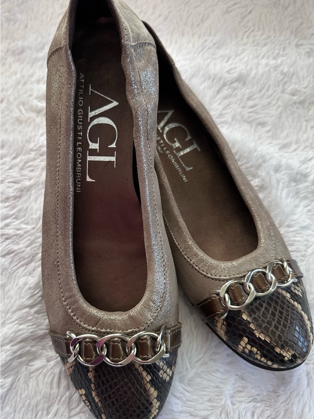AGL Taupe Metallic Ballet Flats with Snake-Print Toe and Chain Accent